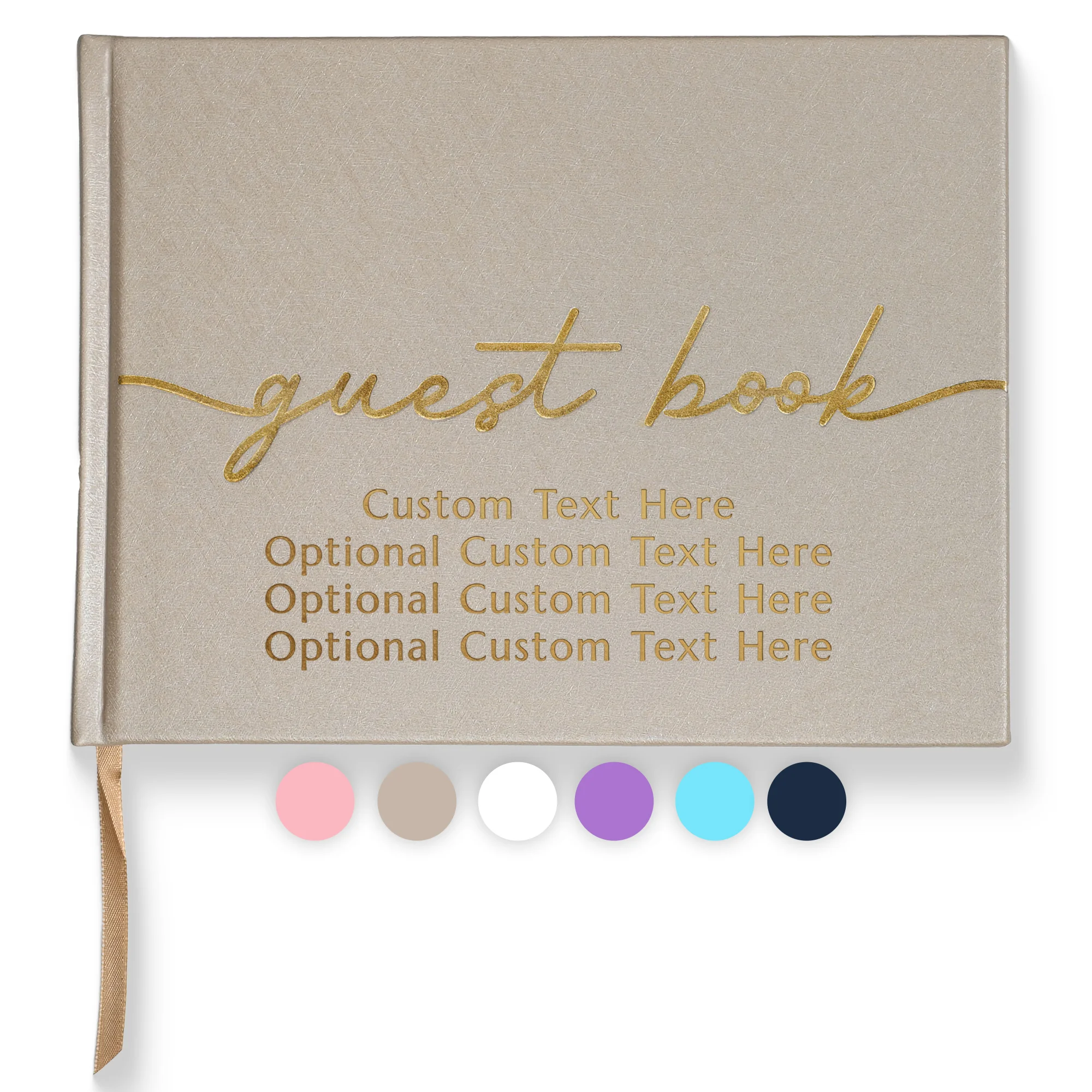 Neutral vegan leather guest book with a smooth textured cover featuring gold script text “guest book” and customizable lines “Custom Text Here Optional Custom Text Here Optional Custom Text Here Optional Custom Text Here.” This all occasion guestbook is s